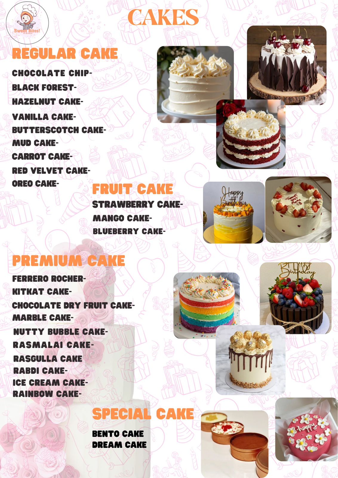 Sweet Bites cakes menu in Goa — Regular, Fruit, Premium and Special flavours with photos of Black Forest, Rainbow, Ferrero, Bento and more